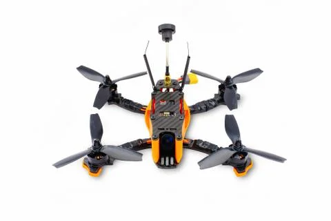 Isolated drones racing FPV quadrocopter made of carbon black, drone ready for Stock Photos