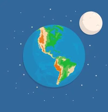 Isolated earth planet, starts and moon in blue flat vector style Stock Illustration
