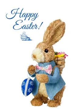 Isolated Easter bunny made of straw with white background and wish happy East 스톡 사진