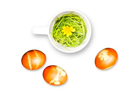 Isolated easter eggs and teapot with grass Stock-Fotos