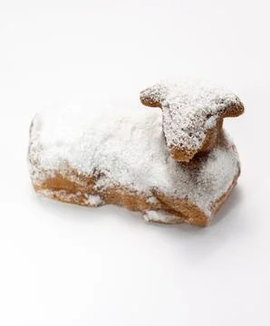 Isolated Easter Sweet Lamb Pound Cake Sprinkled With Powdered Sugar On White Stock Photos