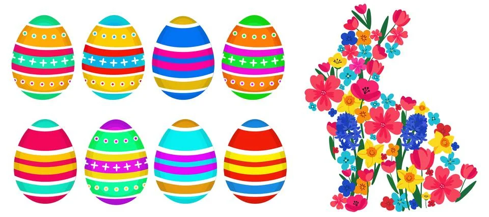 Isolated easter vector elements floral bunny and colorful eggs. spring holi.. Illustrazione stock