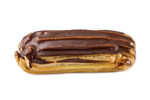Isolated eclair with custard and chocolate icing on a white background. Foto stock