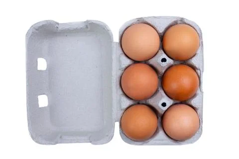 Isolated egg box package on white with lid and six brown eggs. Stock Photos