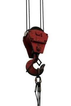 Isolated elements of crane: hook, loop chain connecting parts. Foto stock