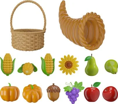 Isolated empty cornucopia and wicker basket and autumn fruits Stock Illustration