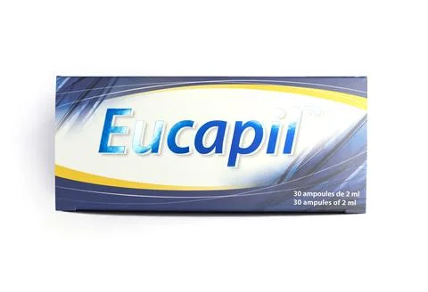 Isolated Eucapil box, paper package, fluridil lotion, cosmetic product for Stock Photos