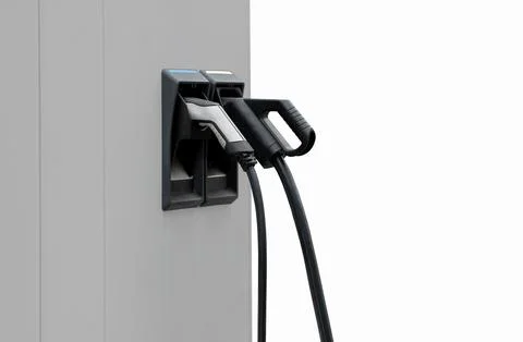 Isolated EV charge point with CCS and AC chargers. Stock Photos