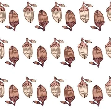 Isolated fall seamless pattern with brown contoured acorn elements. White bac 스톡 일러스트