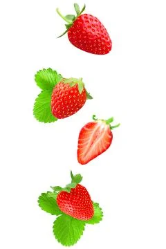 Isolated falling strawberries on white Stock Photos