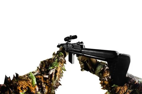 Isolated first person view hands with sniper rifle. Stock-Fotos