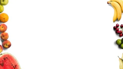 Isolated flat top view of different types of fruits on a white background wit Stock Photos