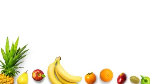 Isolated flat top view of different types of fruits on a white background wit Stock Photos