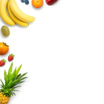 Isolated flat top view of different types of fruits on a white background wit Stock Photos