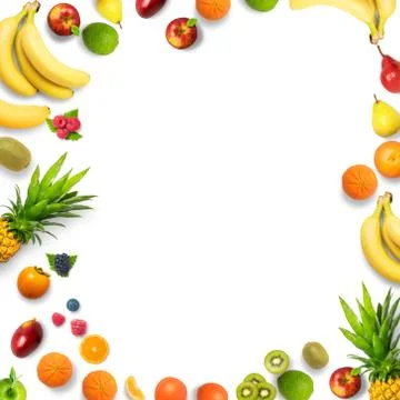 Isolated flat top view of different types of fruits on a white background wit Stock Photos
