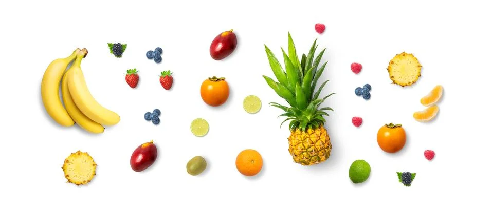 Isolated flat top view of different types of fruits on a white background wit Stock Photos