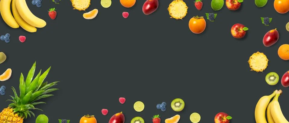 Isolated flat top view of different types of fruits on a gray background with Stock Photos
