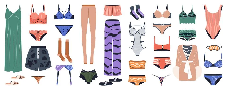 Isolated flat vector set of various lingerie. Stock Illustration