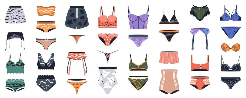 Isolated flat vector set of various lingerie. Stock Illustration