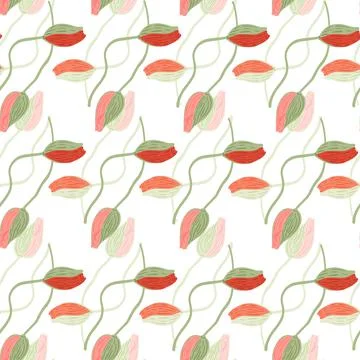 Isolated floral seamless pattern with red and pink simple botany poppy buds s Stock Illustration
