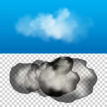 Isolated fluffy white cloud on bright blue sky and dark grey smoke cloud on.. 库存插图