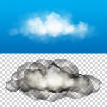 Isolated fluffy white cumulus cloud and abstract layered smoke cloud graphi.. Ilustración de archivo