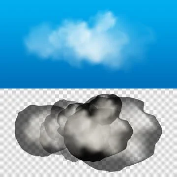 Isolated fluffy white cumulus cloud floating in blue sky and dark smoke plu.. Ilustración de archivo