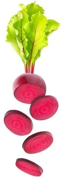 Isolated flying beetroots. Falling sliced beetroot with leaves isolated on white Stock Photos