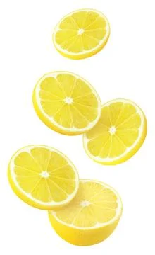 Isolated flying lemons. Falling sliced lemon fruit isolated on white background Stock Photos