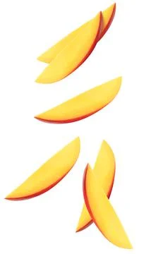 Isolated flying mango slices. Falling mango fruits isolated on white background Stock Photos