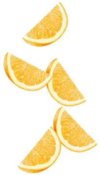 Isolated flying oranges. Falling orange pieces isolated on white background with Stock Photos