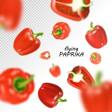 Isolated flying vegetables. Falling sweet red paprika isolated on white Stock Illustration