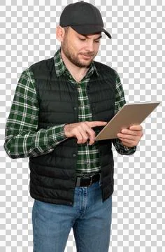 Isolated foreman or farmer using digital tablet. Stock Photos