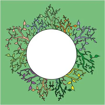 Isolated frame with colored branches with leaves on a green background stylized Stock Illustration