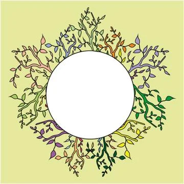 Isolated frame with colored branches with leaves on a yellow background stylized Stock Illustration
