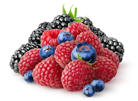 Isolated fresh berries. Pile of raspberry, blackberry and blueberry fruits Stock Photos