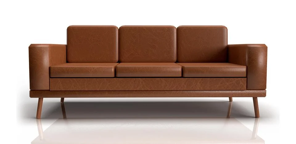 Isolated Front View, 3D illustration of Brown Leather Sofa on White Background. Stock Illustration
