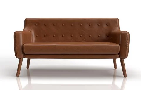 Isolated Front View, 3D illustration of Brown Leather Sofa on White Background. Stock Illustration
