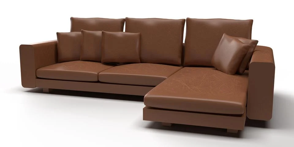 Isolated Front View, 3D illustration of Brown Leather Sofa on White Background. Stock Illustration