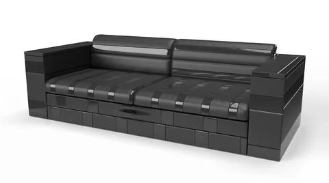 Isolated Front View of Black Leather Sofa on White Background. Stock Illustration