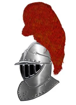 Isolated full face 16th century war helmet with plumage silver Illustrazione stock