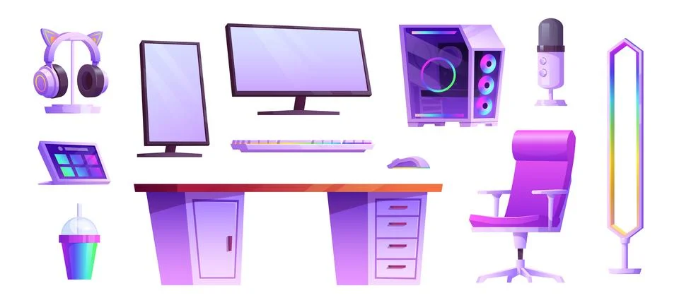 Isolated game computer streamer room interior set Stock Illustration