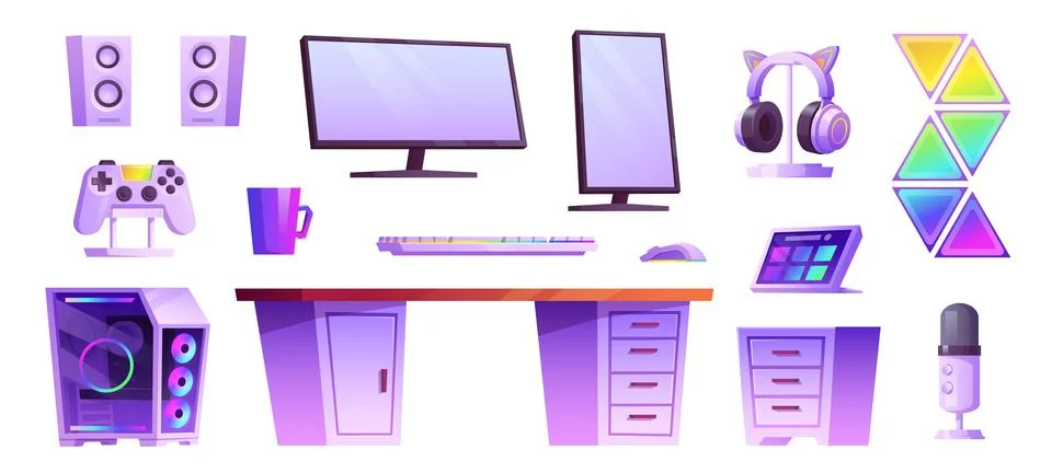 Isolated game computer streamer room interior set Stock Illustration