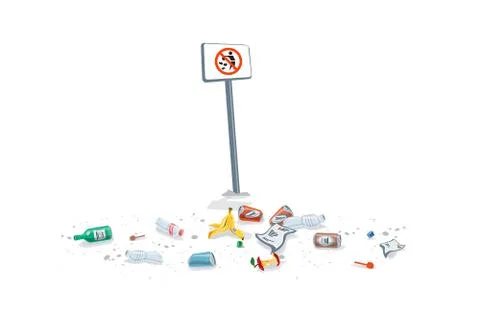 Isolated Garbage Pollution Trash on the Ground with No Littering Sign Stock Illustration