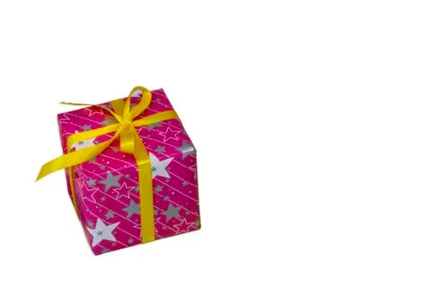 Isolated Gift box wrapped with a star pattern for the festivities on a white  Stock Photos