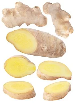 Isolated ginger collection. Raw ginger slices and pieces isolated on white Stock Photos