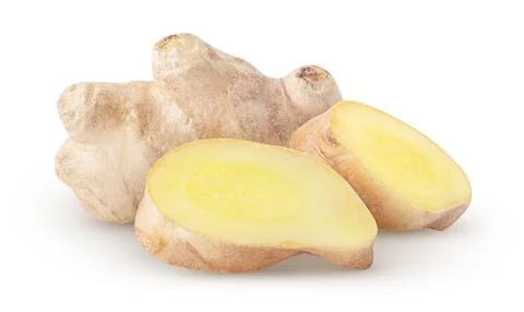 Isolated ginger. Piece of raw ginger with slices isolated on white background Stock Photos