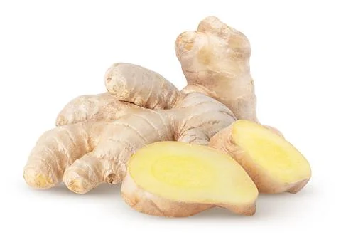 Isolated ginger. Raw ginger root with two slices isolated on white background Stock Photos