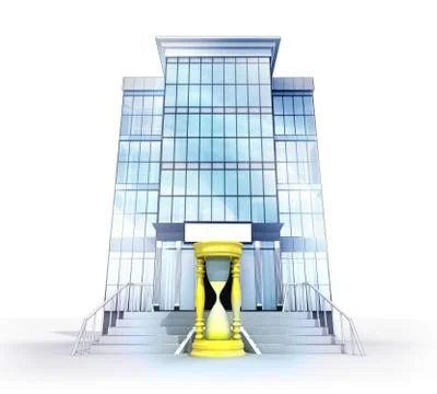 Isolated glass building with time run symbol concept  illustration Ilustración de archivo