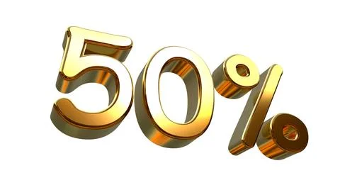 Isolated Gold Metallic Three Dimensional Alphabet 50%. 3D Render Illustration. Stock Illustration